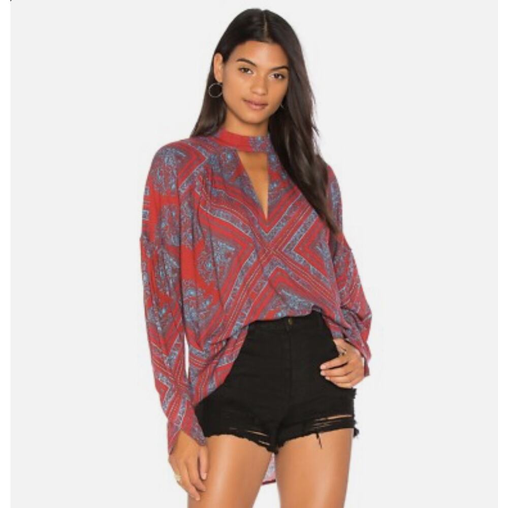 Free People Red Paisley Keyhole Long Sleeve Blouse with Blue Accents